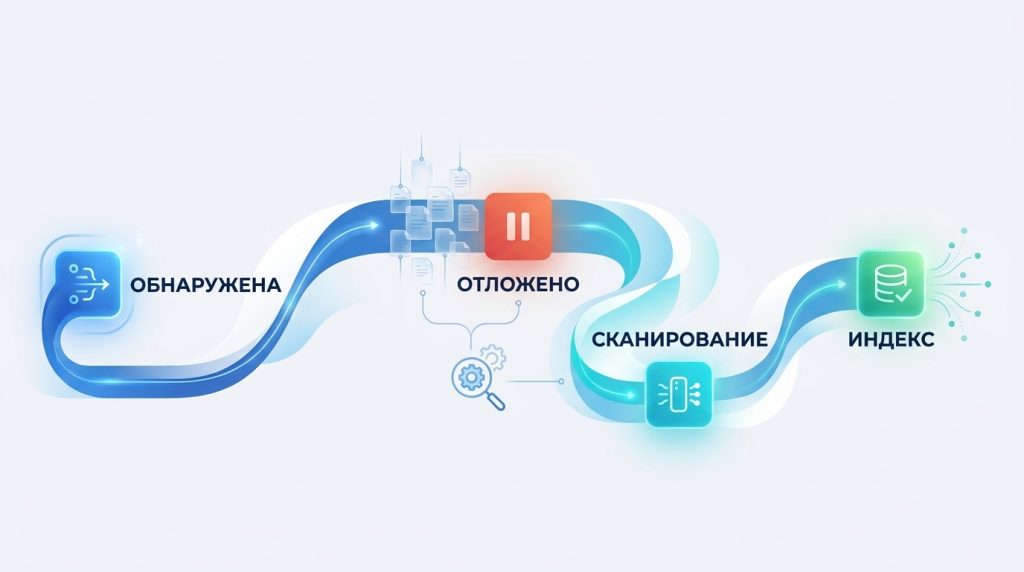Три стадии индексирования Google — обнаружение URL, сканирование, индекс — и застревание статуса «Обнаружена, не проиндексирована» между первой и второй