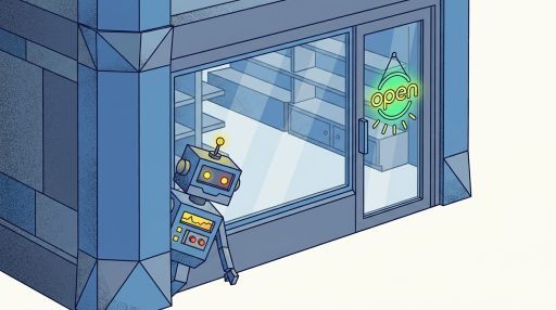 Обложка статьи про soft 404: витрина с табличкой «открыто» и пустым залом за стеклом — сервер отдаёт 200, а Google не находит содержимого