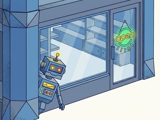 Обложка статьи про soft 404: витрина с табличкой «открыто» и пустым залом за стеклом — сервер отдаёт 200, а Google не находит содержимого