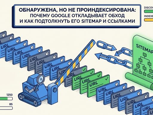 Робот-краулер ждёт у закрытого шлагбаума перед очередью адресов сайта — статус «Обнаружена, не проиндексирована» в Google Search Console