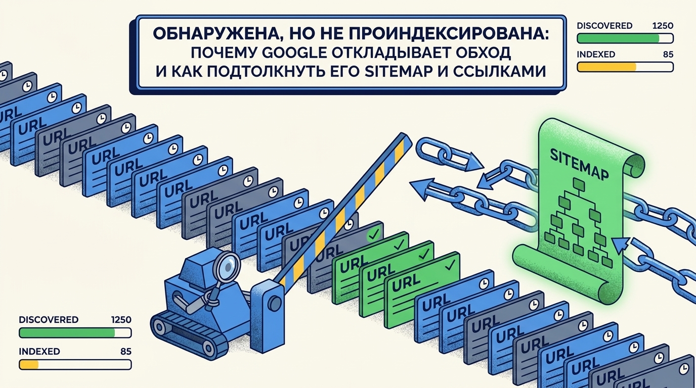 Робот-краулер ждёт у закрытого шлагбаума перед очередью адресов сайта — статус «Обнаружена, не проиндексирована» в Google Search Console