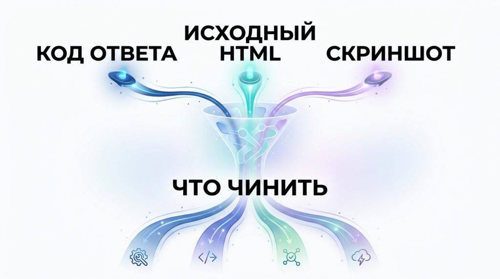 Матрица диагностики soft 404: три замера — код ответа, исходный HTML и скриншот рендера — ведут к четырём вариантам починки страницы с кодом 200