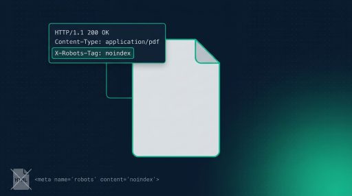 Иконка PDF-документа и карточка HTTP-ответа со строкой X-Robots-Tag: noindex, соединённые линией, на тёмно-синем фоне; перечёркнутый тег meta в углу