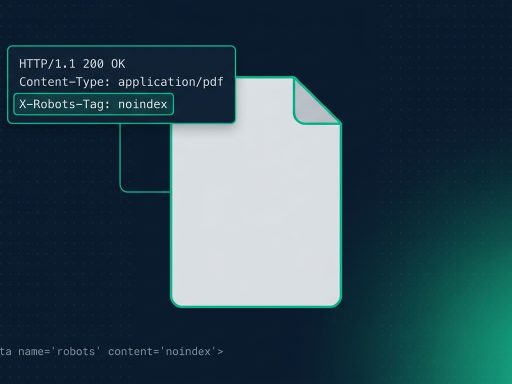 Иконка PDF-документа и карточка HTTP-ответа со строкой X-Robots-Tag: noindex, соединённые линией, на тёмно-синем фоне; перечёркнутый тег meta в углу