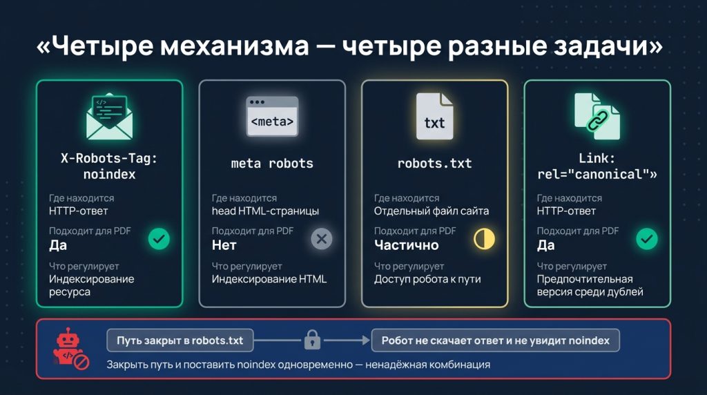 Инфографика из четырёх карточек: X-Robots-Tag noindex в HTTP-ответе, meta robots в HTML, robots.txt как файл сайта и Link rel=canonical в HTTP-ответе — где находится каждый, подходит ли для PDF и что регулирует; внизу предупреждение, что запрет в robots.txt мешает роботу прочитать noindex
