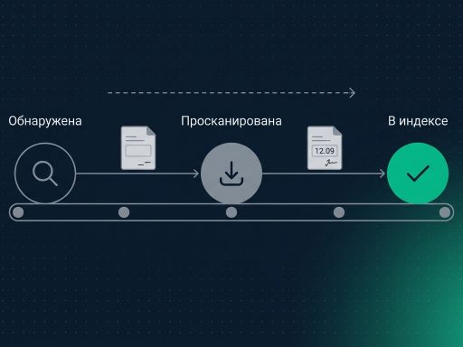 Конвейер индексации из трёх узлов — обнаружена, просканирована, в индексе — с двумя застрявшими карточками страниц между узлами на тёмно-синем фоне