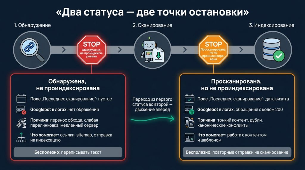 Инфографика: конвейер индексации из трёх этапов с двумя точками остановки — «обнаружена, не проиндексирована» между обнаружением и сканированием и «просканирована, но не проиндексирована» между сканированием и индексированием; под ними сравнение по полю «Последнее сканирование», логам, причинам и способам решения