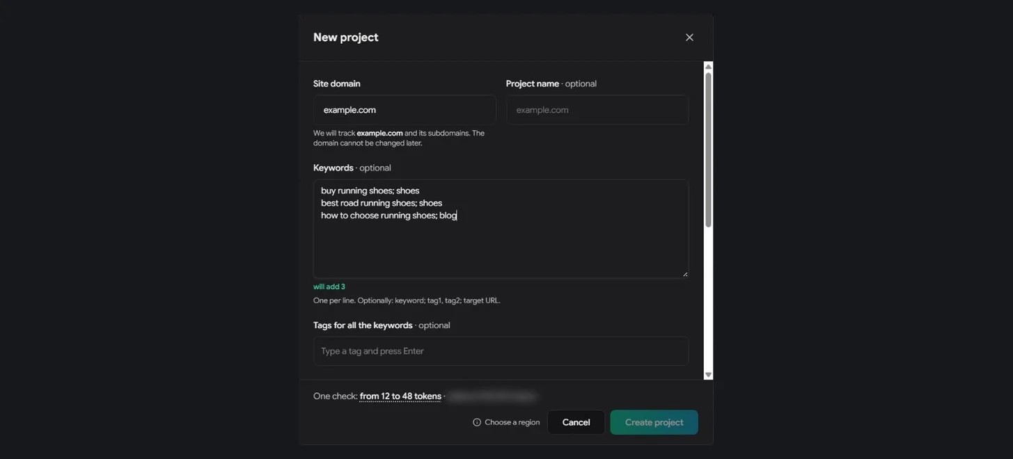Создание проекта в Rank Tracker: домен, ключи с тегами и целевыми URL, регион и глубина проверки